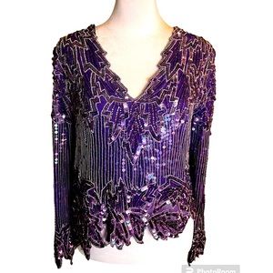 Vintage Purple Sequin Asymmetrical Hem Leaves V Neck Top! P/S